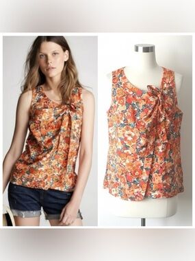 J. Crew Marseilles 100% Silk Floral Bow Tie Collar Faux Wrap Blouse  Size 4